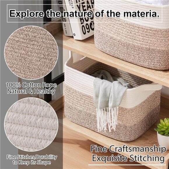 Woven Cotton Storage Baskets Set of 3 Yellow Rope Bins for Toys Towels Closet - Picture 5 of 7